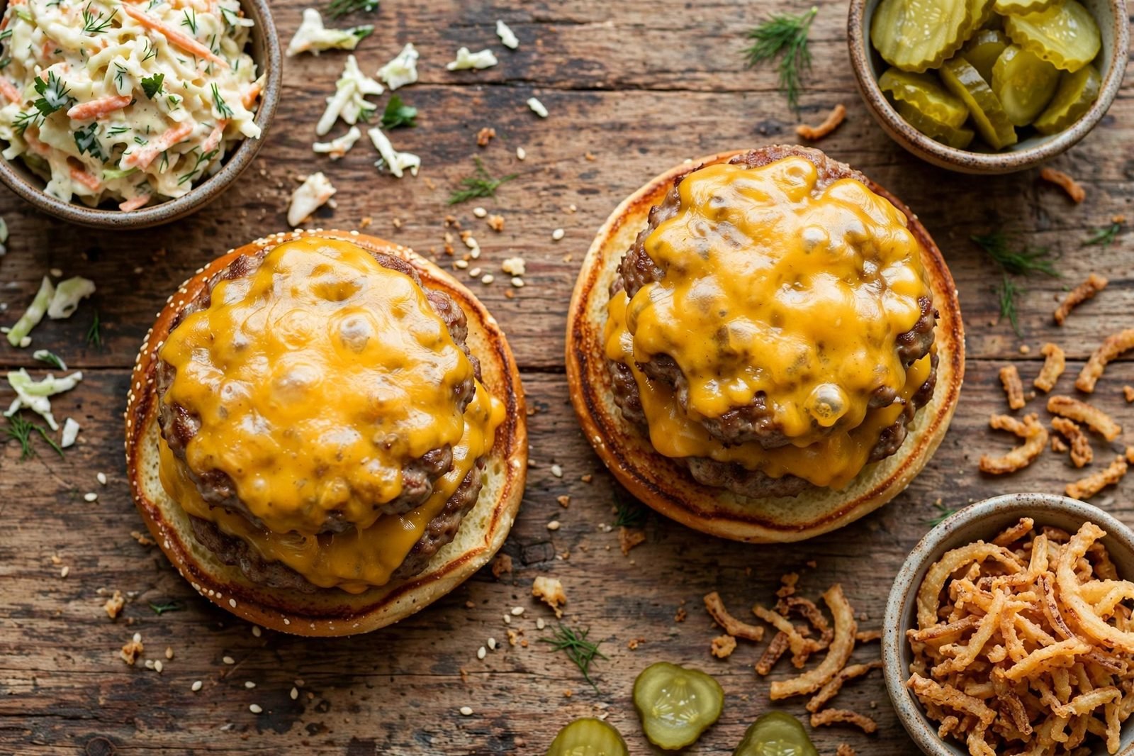 Overhead of the burgers being assembled with slaw and pickles. No people, no text.