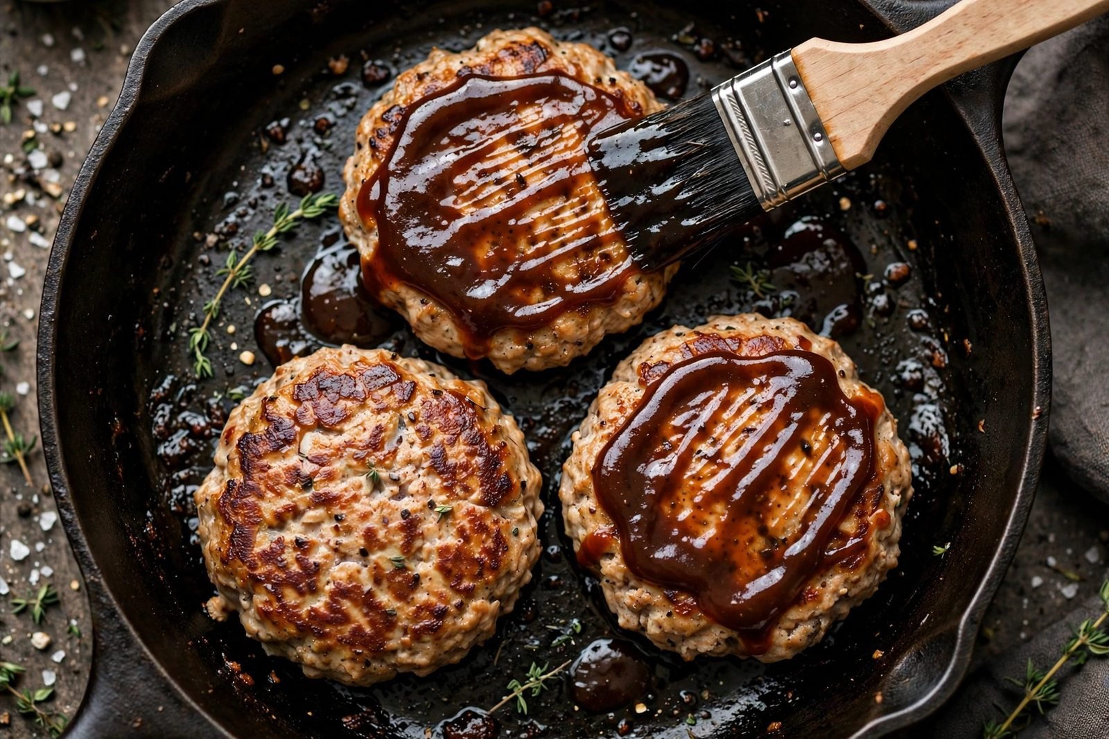 Overhead of BBQ sauce being brushed over the seared patties. No people, no text.