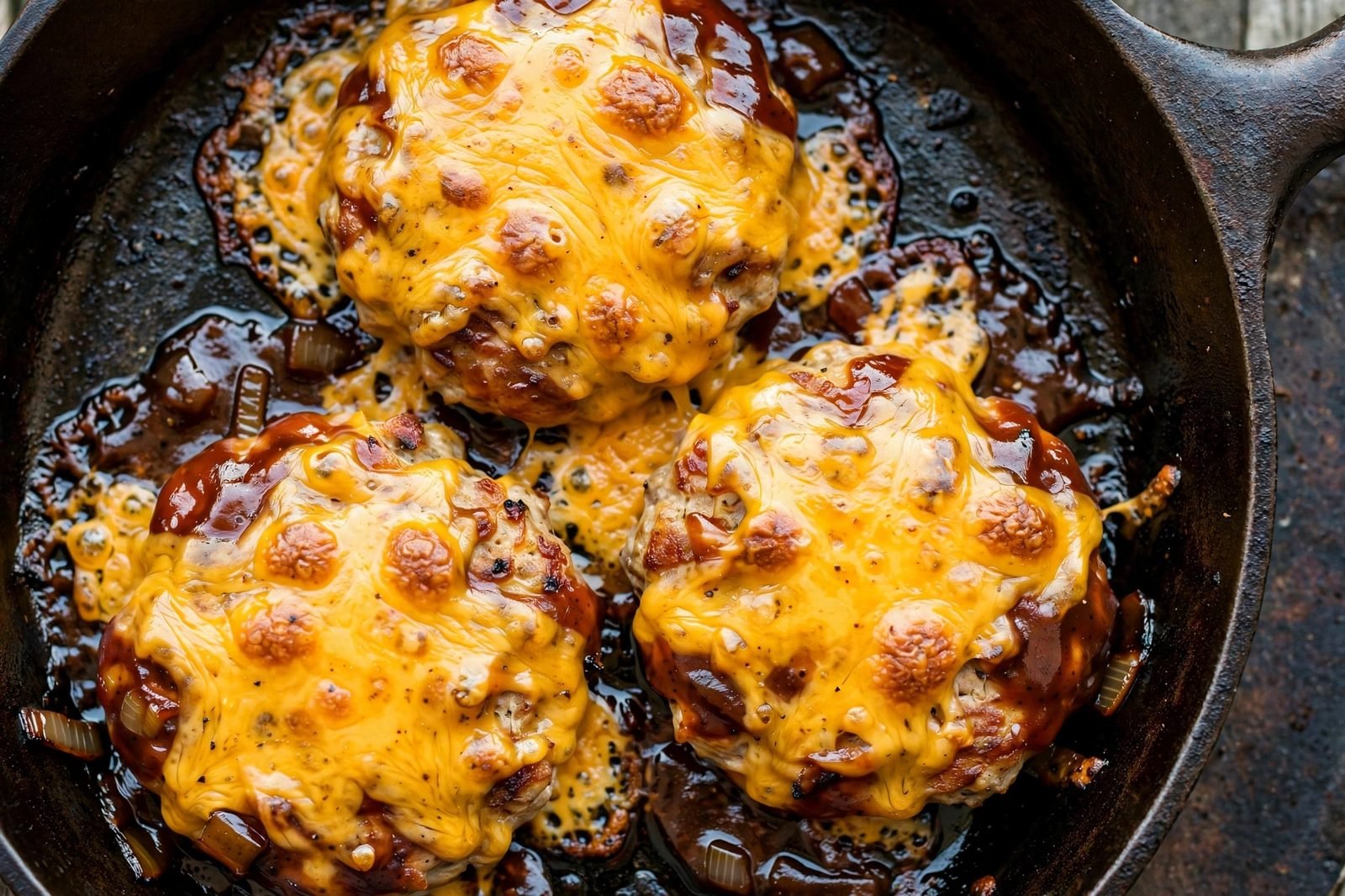 Overhead close-up of cheddar melting over the sauced patties. No people, no text.