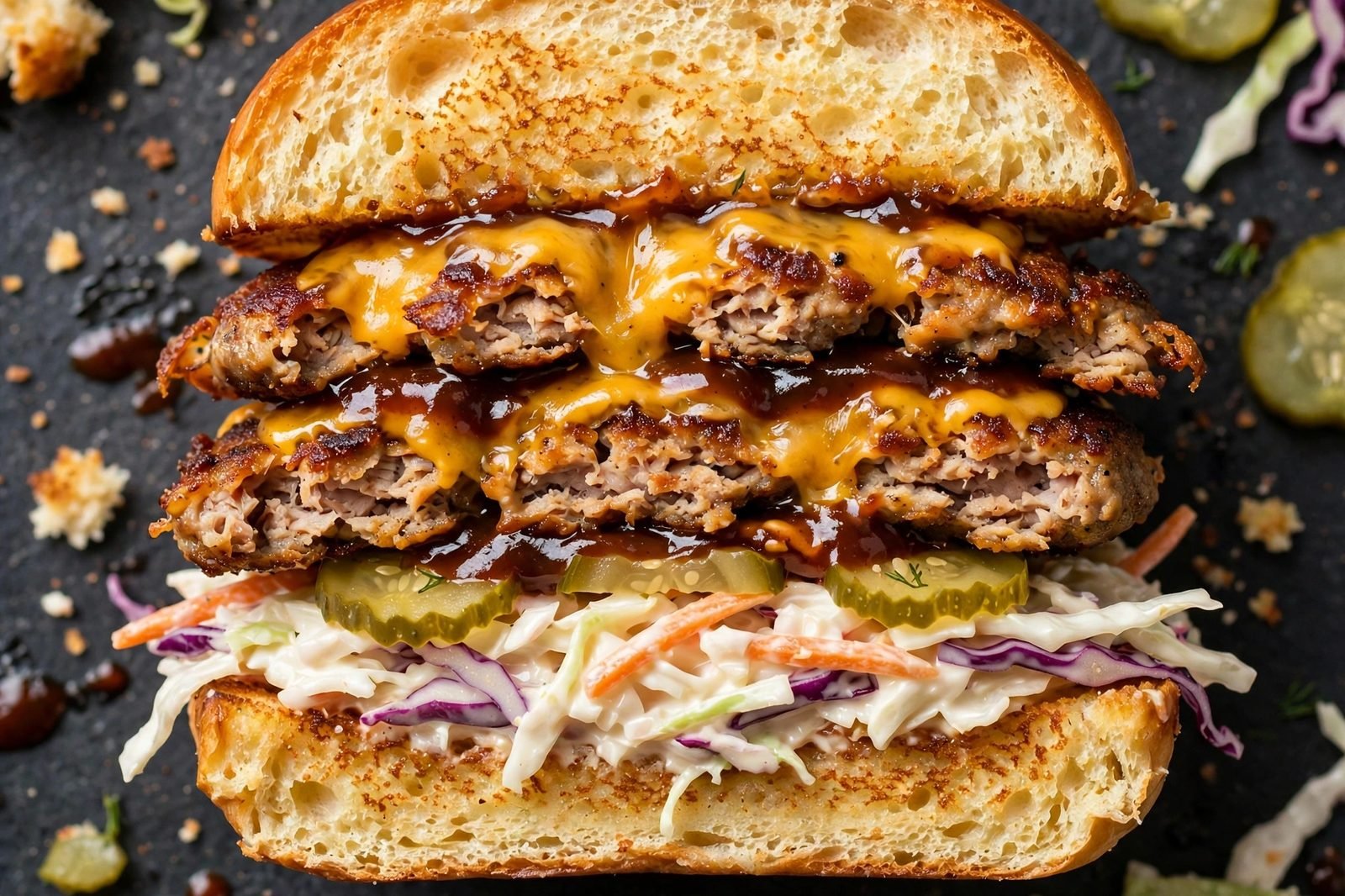 Overhead close-up cross-section of the double-patty burger with melted cheese and BBQ sauce. No people, no text.