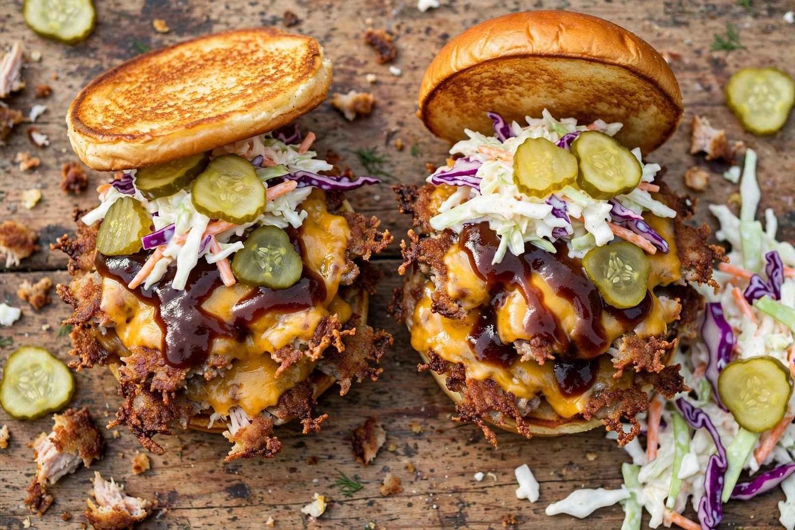 Overhead of a smashed double-patty BBQ turkey burger with melted cheddar, slaw, and pickles on a brioche bun. No people, no text.