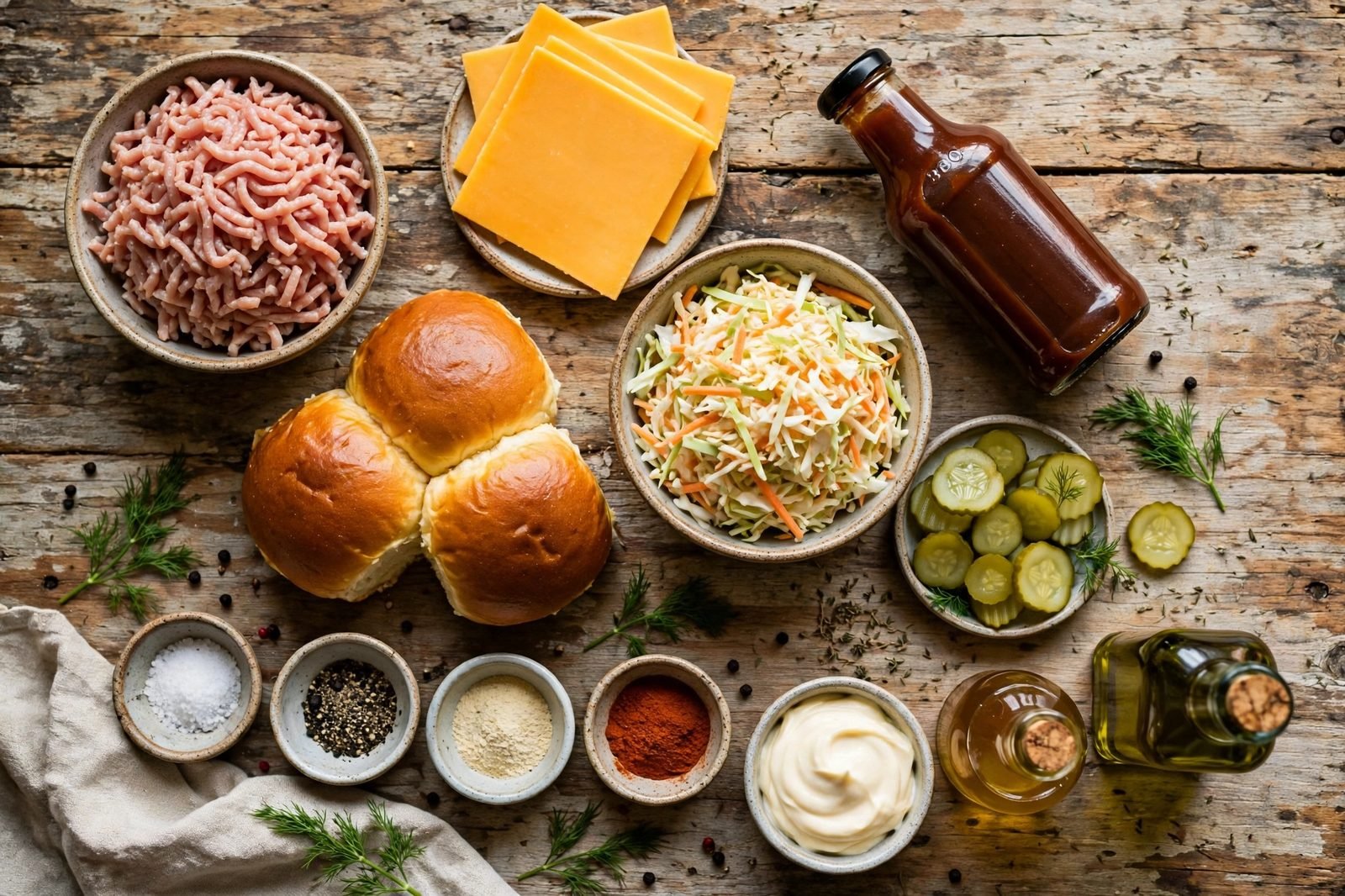Overhead of mise en place: ground turkey, seasonings, BBQ sauce, cheddar, brioche buns, slaw mix, and pickles. No people, no text.