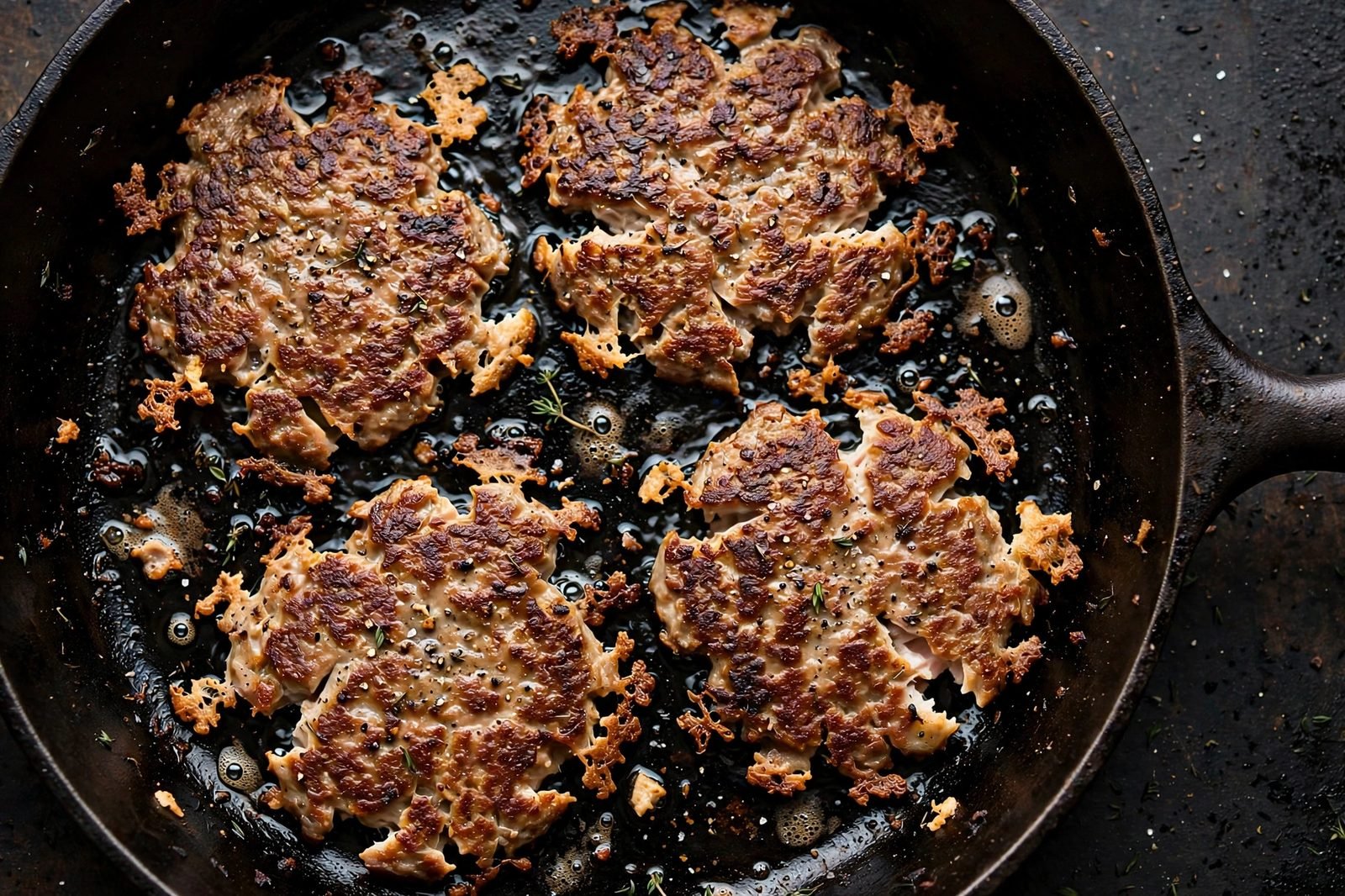 Overhead of smashed turkey patties searing with crispy browned edges. No people, no text.