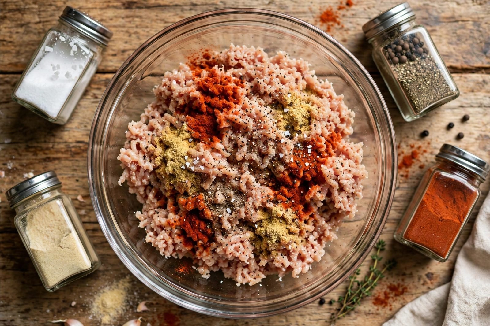 Overhead of ground turkey being seasoned in a large bowl. No people, no text.
