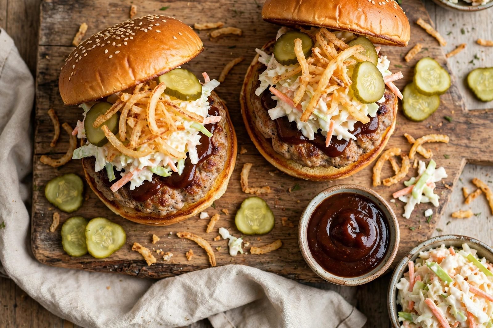Overhead of served BBQ turkey smash burgers with slaw and pickles. No people, no text.