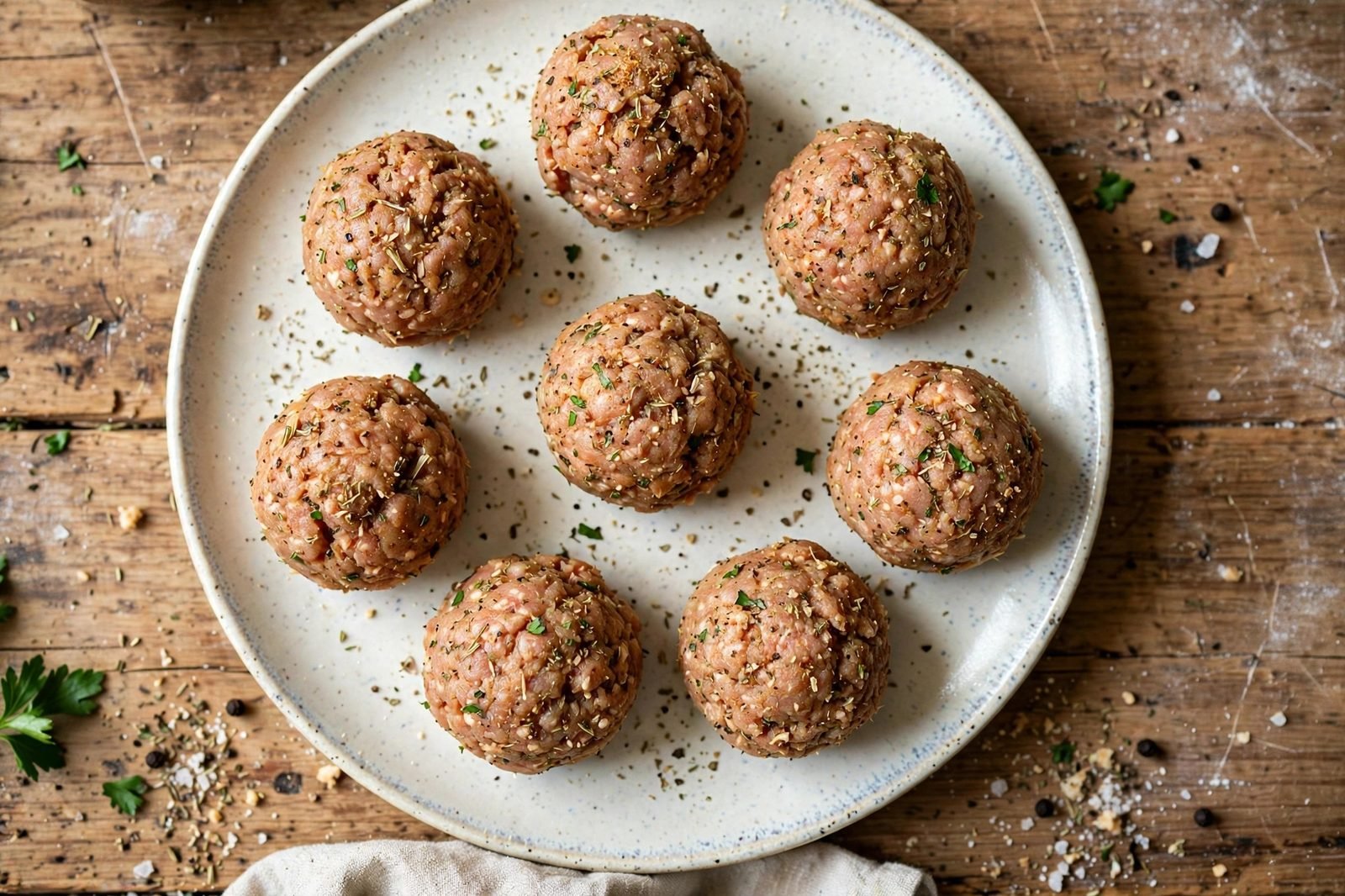 Overhead of turkey portions rolled into loose balls on a cutting board. No people, no text.