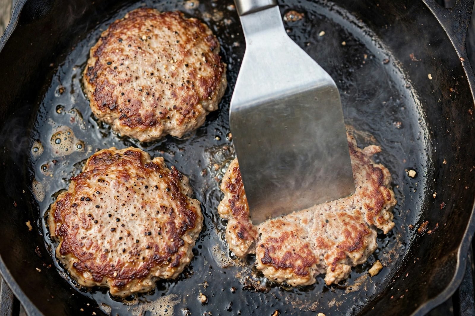 Overhead of turkey balls being smashed flat in a hot skillet. No people, no text.