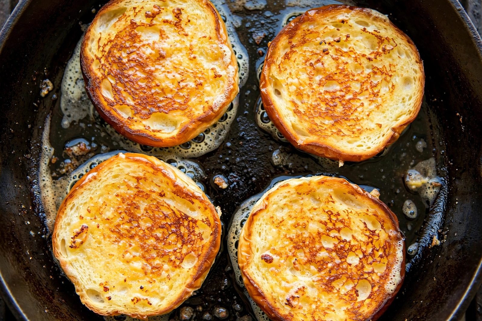 Overhead of brioche buns toasting cut-side down in the skillet. No people, no text.
