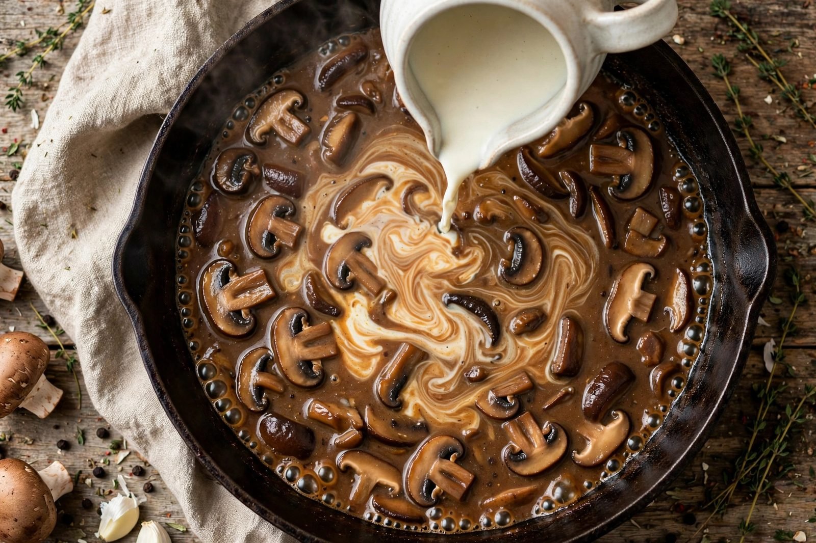 Half-and-half being poured into the simmering Marsala sauce in a skillet