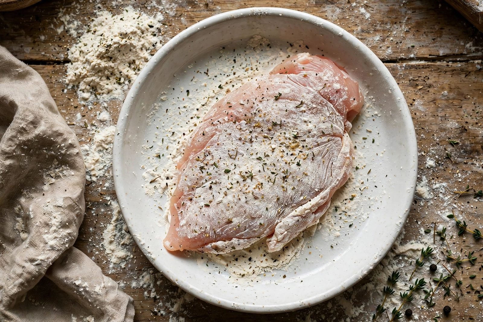 Chicken cutlet being lightly dredged in seasoned flour in a shallow dish