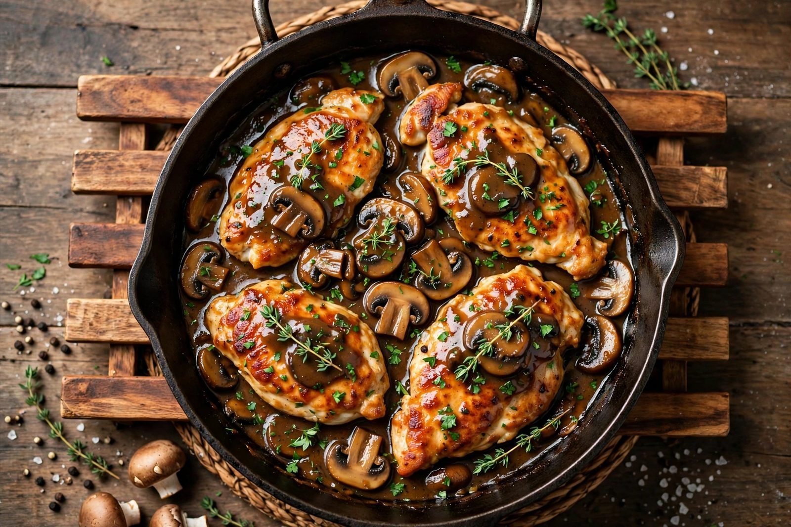 Chicken marsala skillet with golden chicken cutlets in a glossy Marsala mushroom sauce, garnished with thyme and parsley