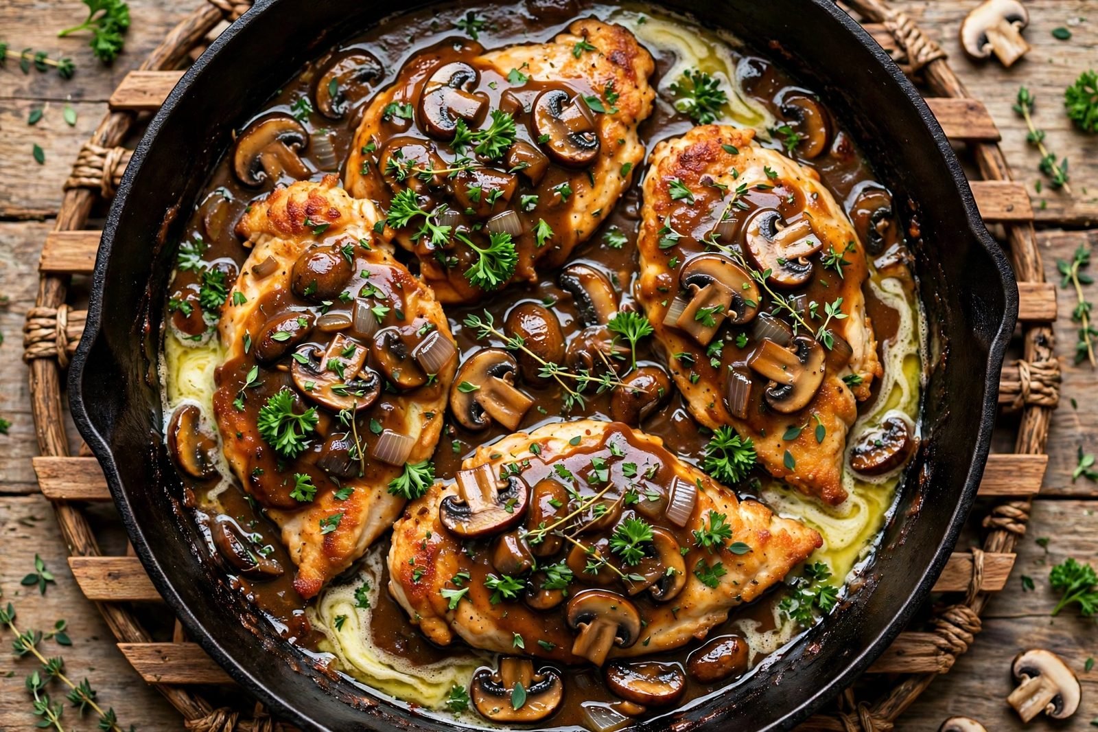 Finished chicken marsala in the skillet, chicken nestled in glossy sauce with parsley