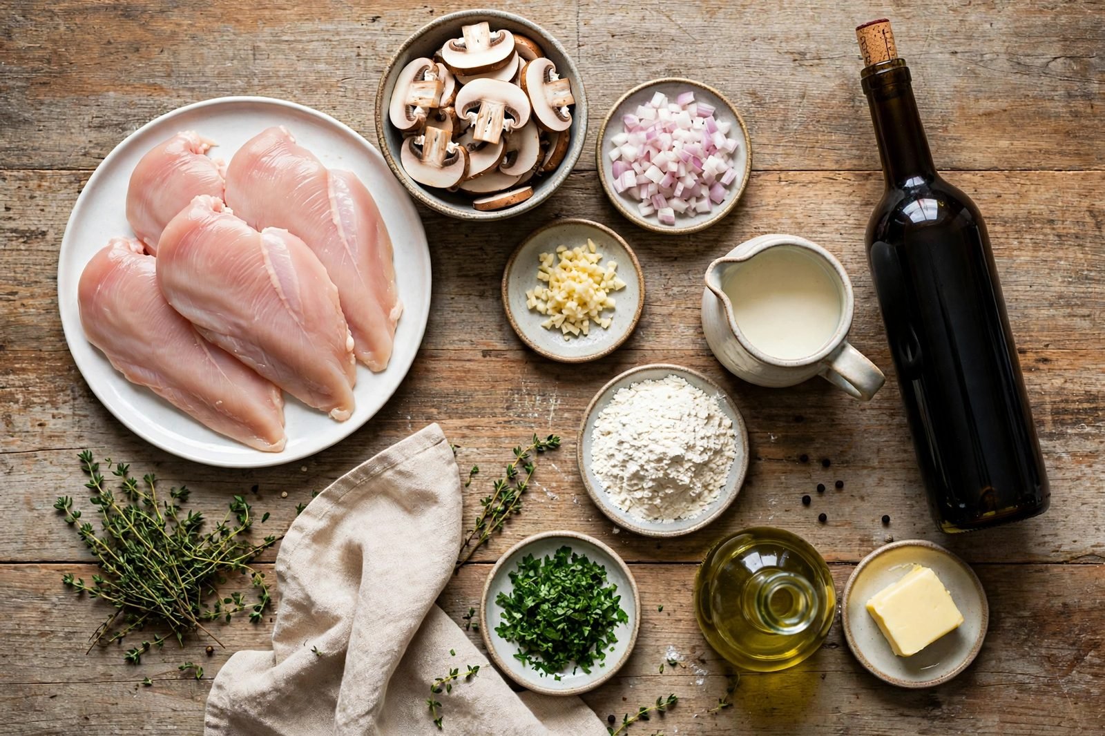 Ingredients for chicken marsala skillet arranged on a kitchen counter