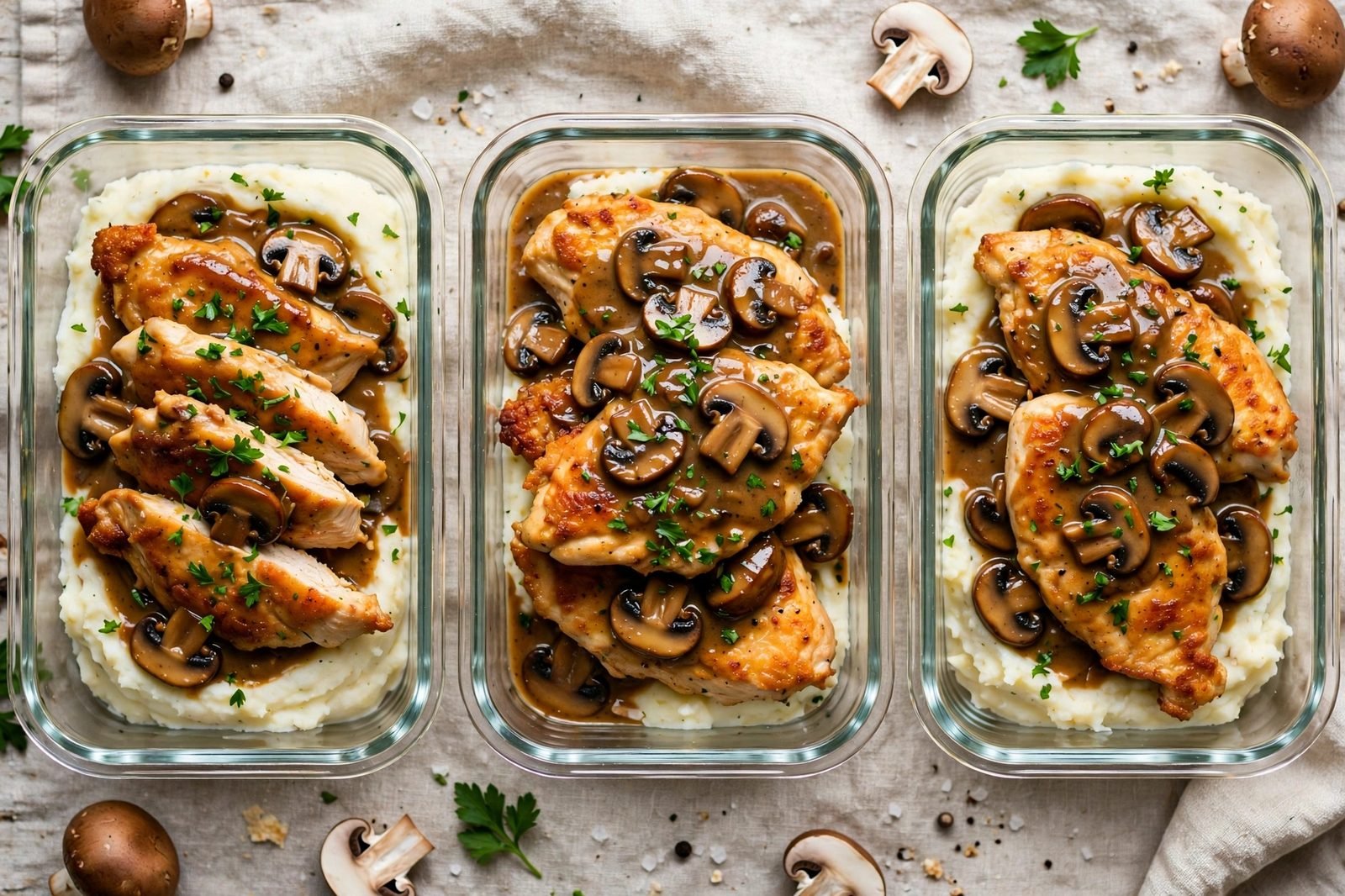 Glass meal-prep containers with chicken marsala and mashed potatoes