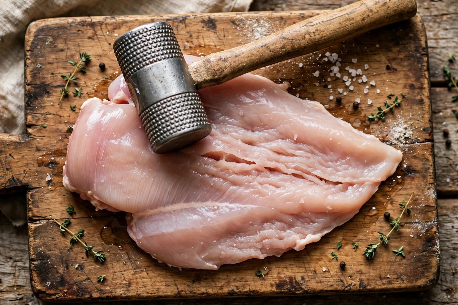 Chicken breast being pounded to a thin, even cutlet with a meat mallet