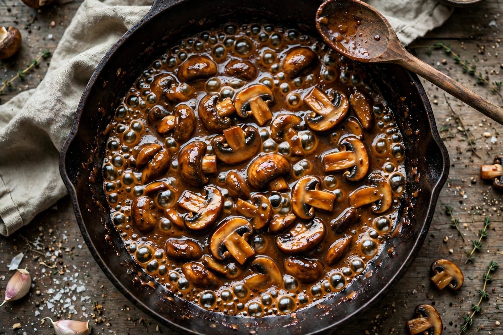 Marsala wine bubbling and reducing in a skillet with a wooden spoon