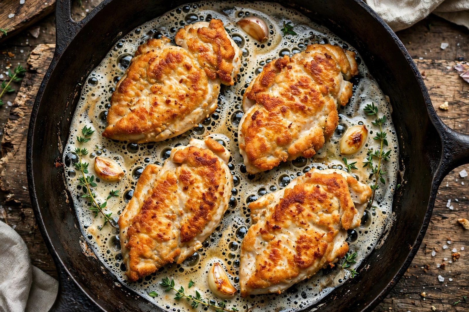 Golden chicken cutlets searing in a large skillet