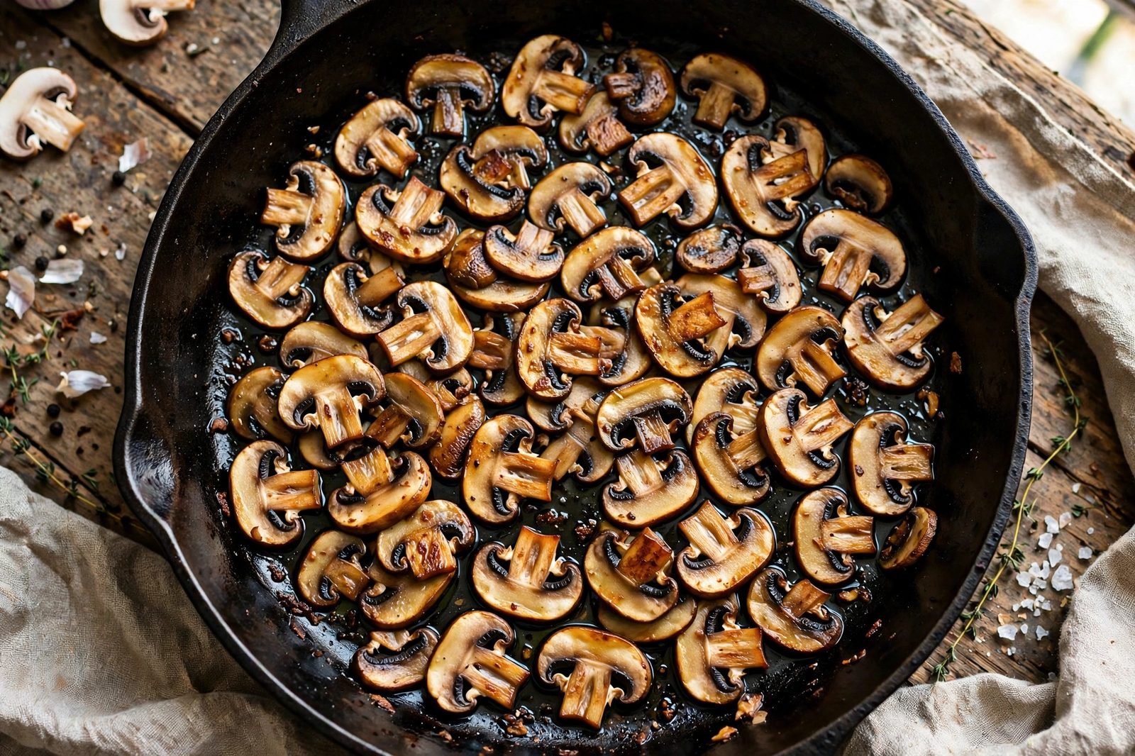 Sliced mushrooms searing golden in a skillet in a single layer