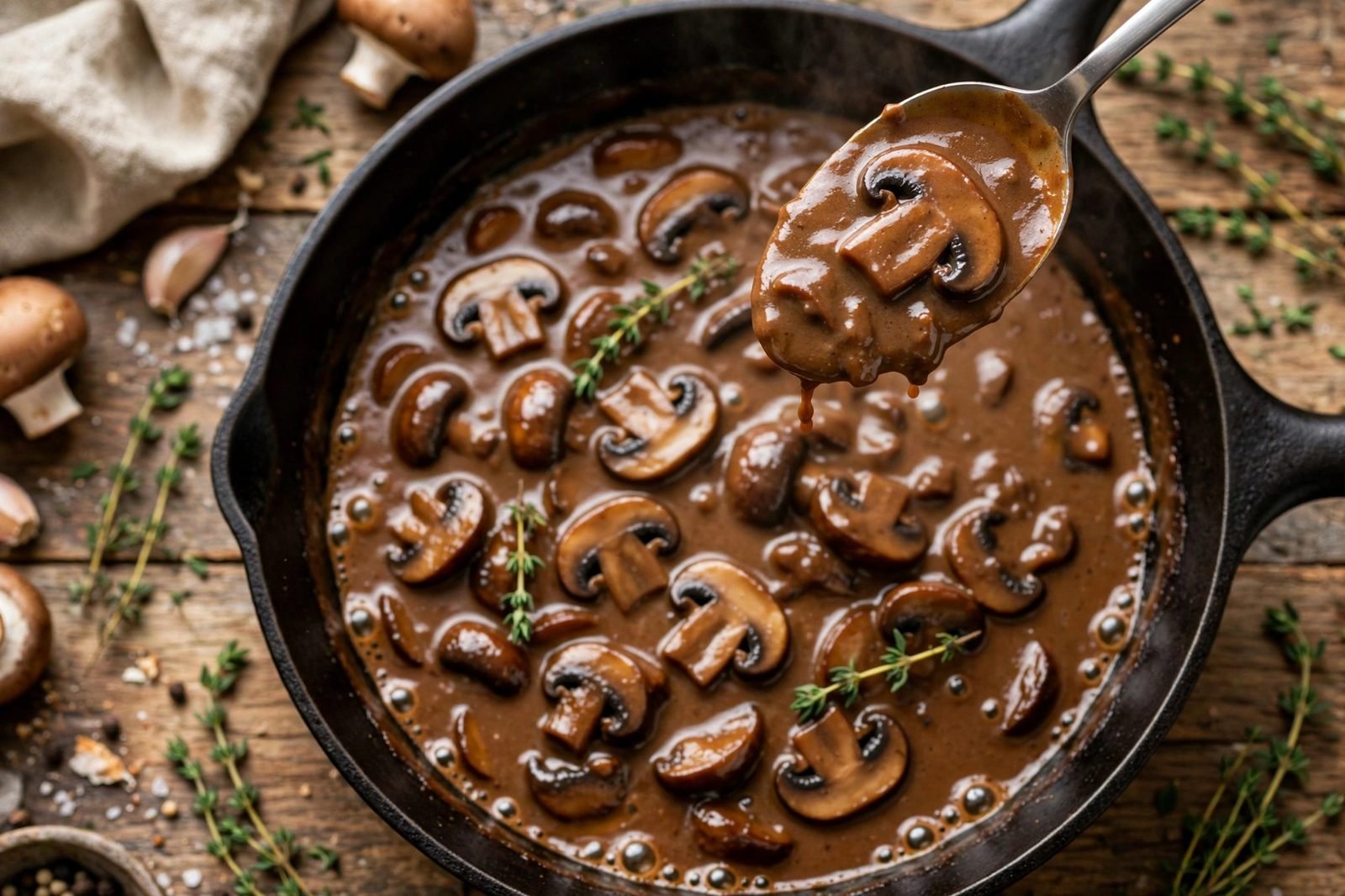 Silky Marsala mushroom sauce simmering gently in a skillet