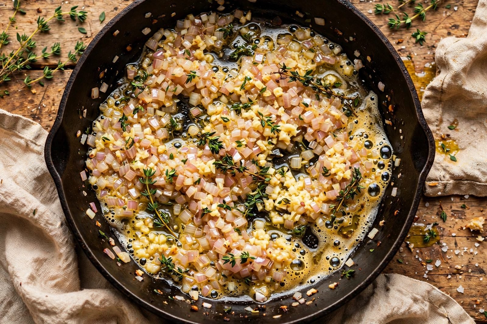 Diced shallot, garlic, and thyme softening in a skillet