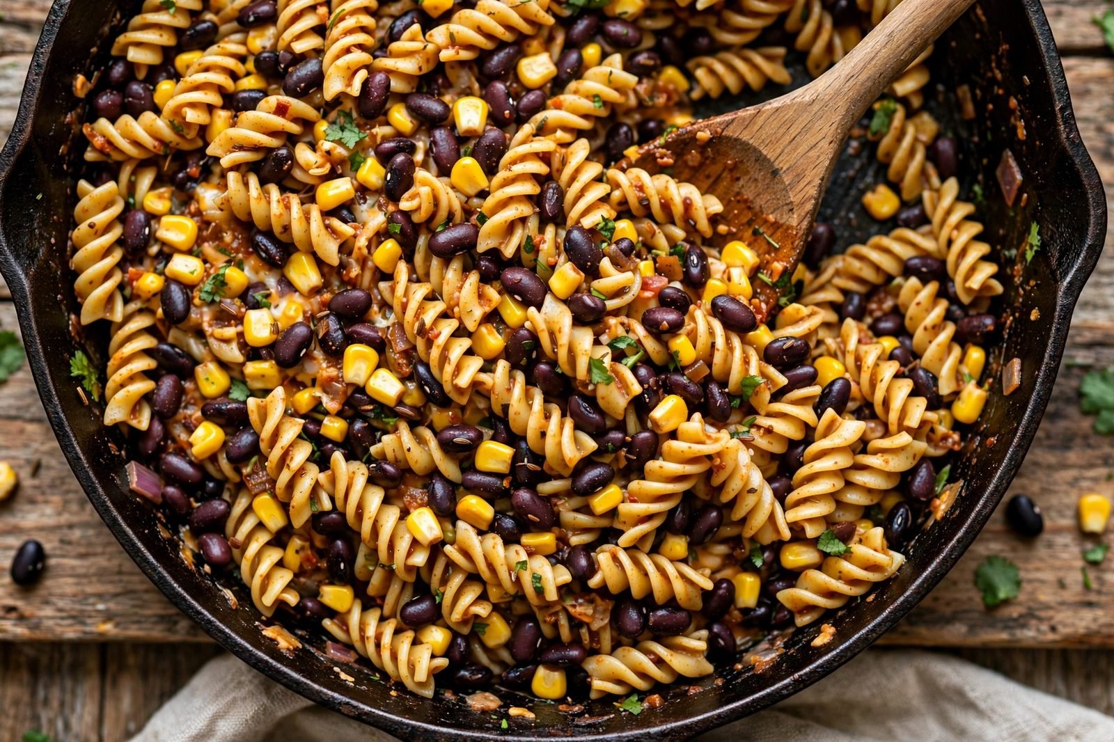 Black beans and corn stirred into the cooked taco pasta
