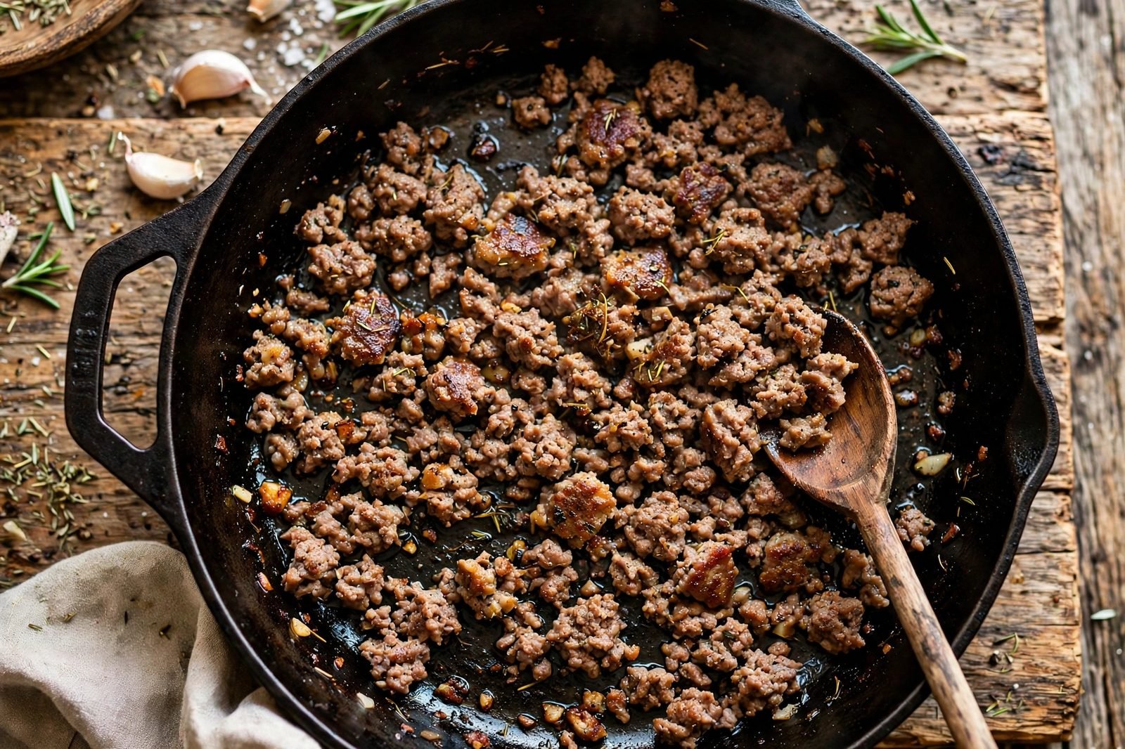 Ground beef crumbles browning in a large skillet