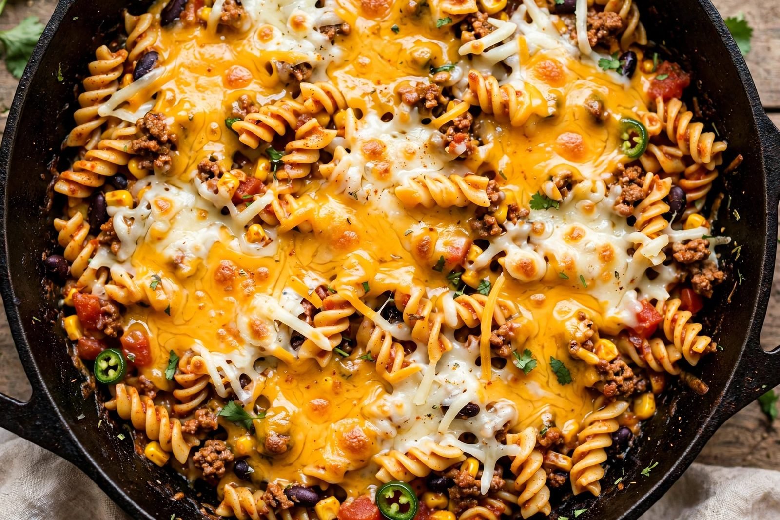 Shredded cheese melting over the hot taco pasta