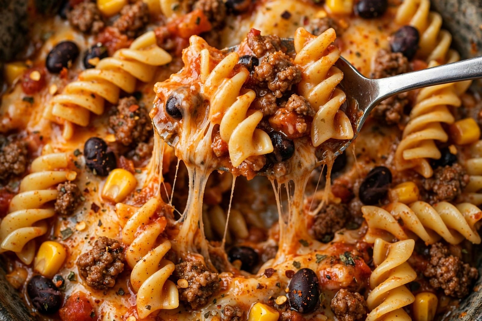 Close-up of a spoon lifting cheesy one-pot taco pasta