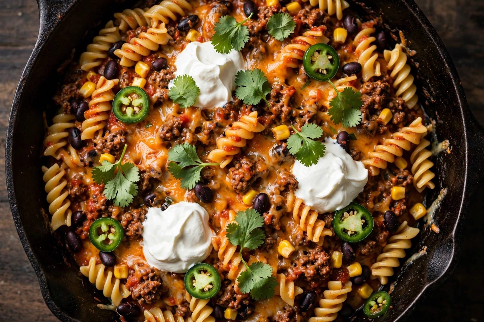 Overhead view of one-pot taco pasta in a skillet with melted cheese, sour cream, jalapeños, and cilantro