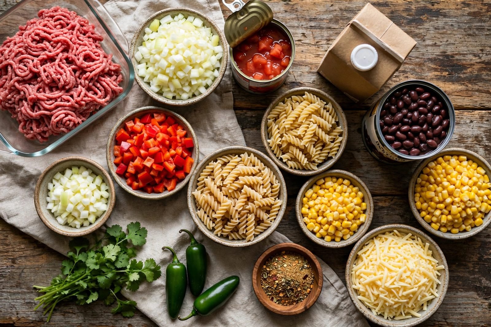 Ingredients for one-pot taco pasta arranged on a rustic kitchen counter