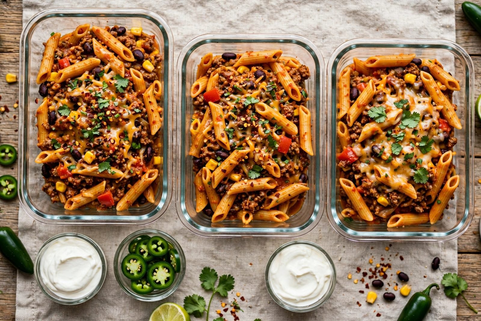 Glass meal-prep containers filled with one-pot taco pasta