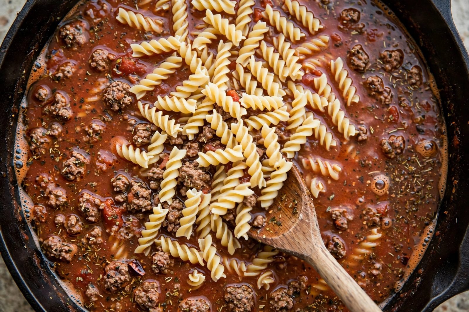 Dry rotini pasta stirred into the tomato-beef broth