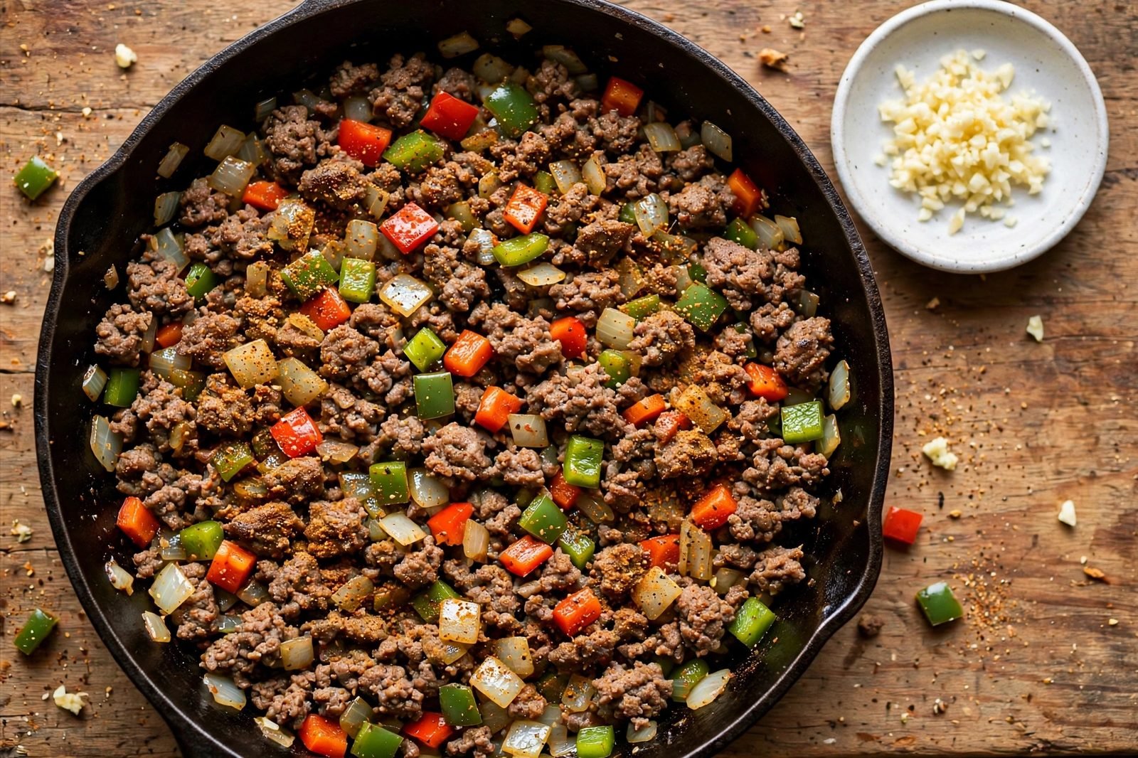Onion and bell pepper cooking with ground beef and taco seasoning in a skillet