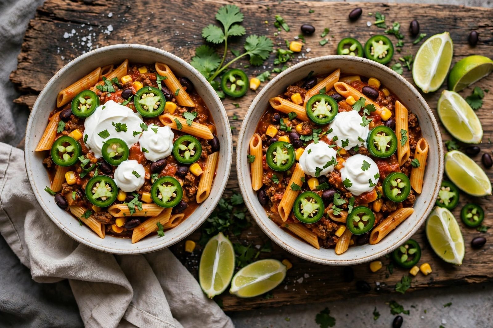 Two bowls of one-pot taco pasta with sour cream, jalapeños, and cilantro