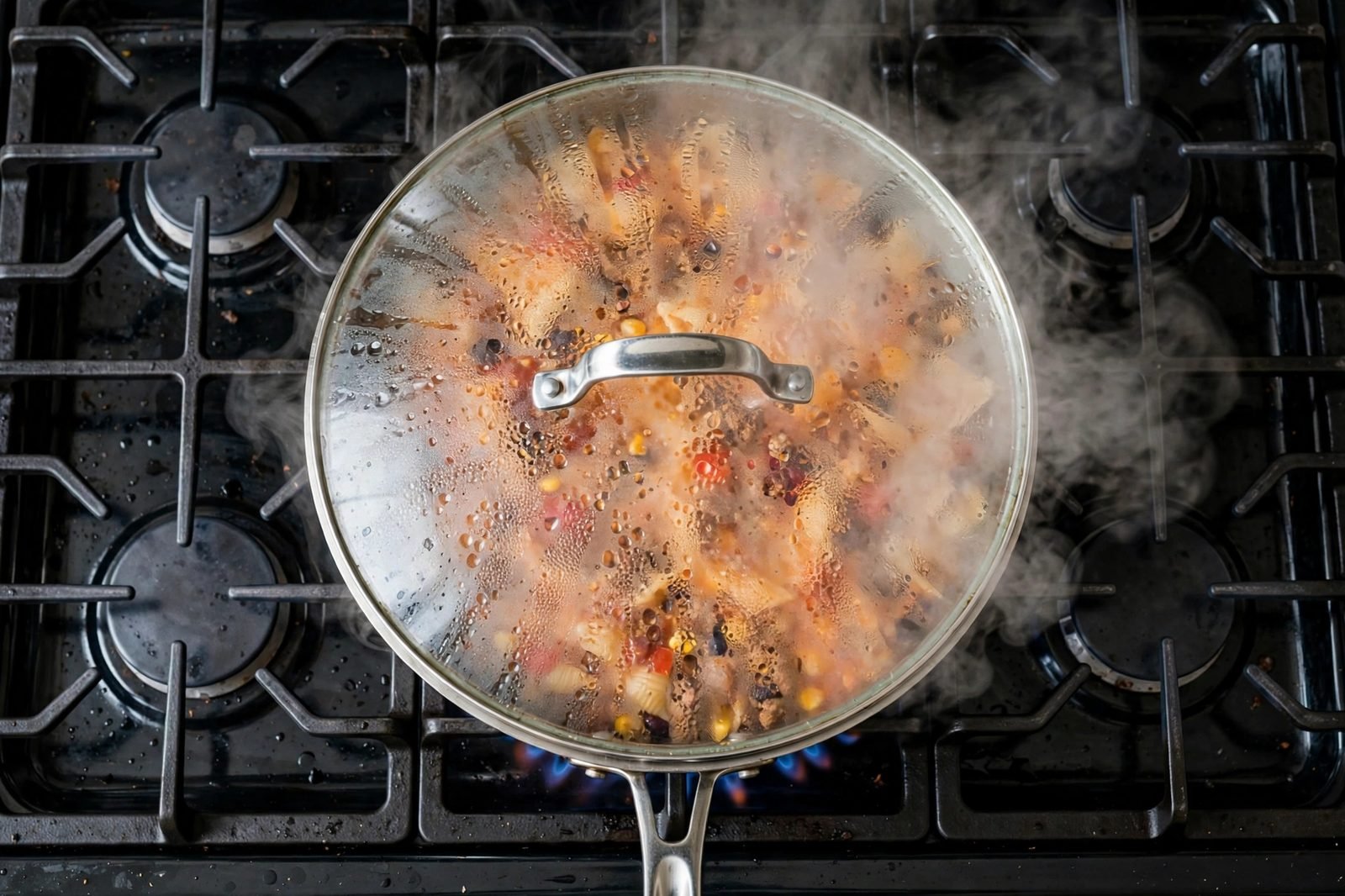 Skillet covered with a lid, steam escaping as the taco pasta simmers