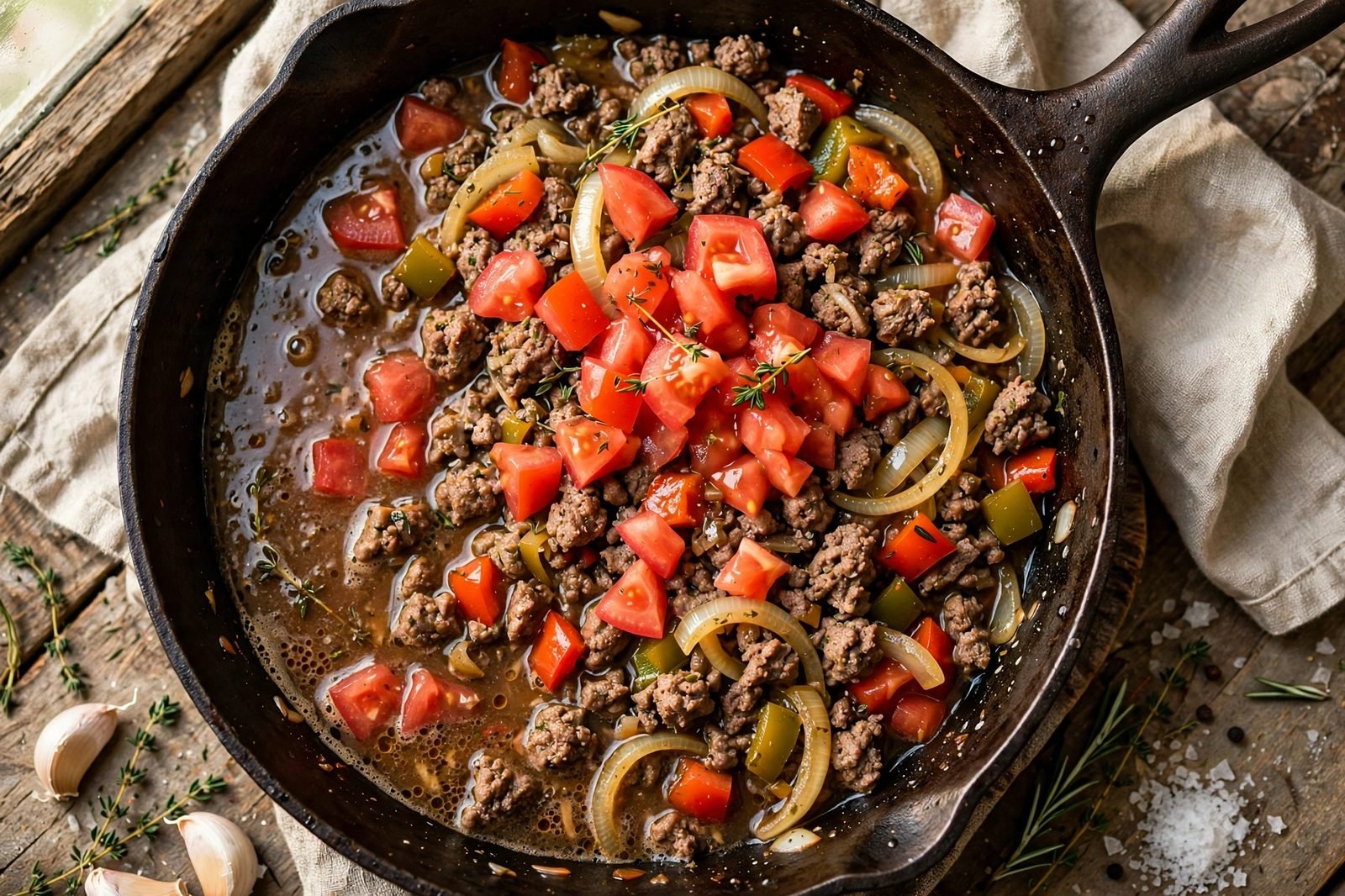 Diced tomatoes and beef broth added to the seasoned beef in a skillet