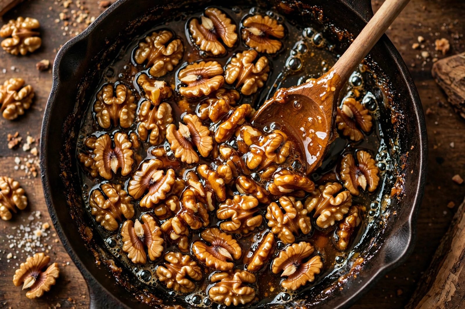 Walnut halves being candied in honey and butter in a skillet