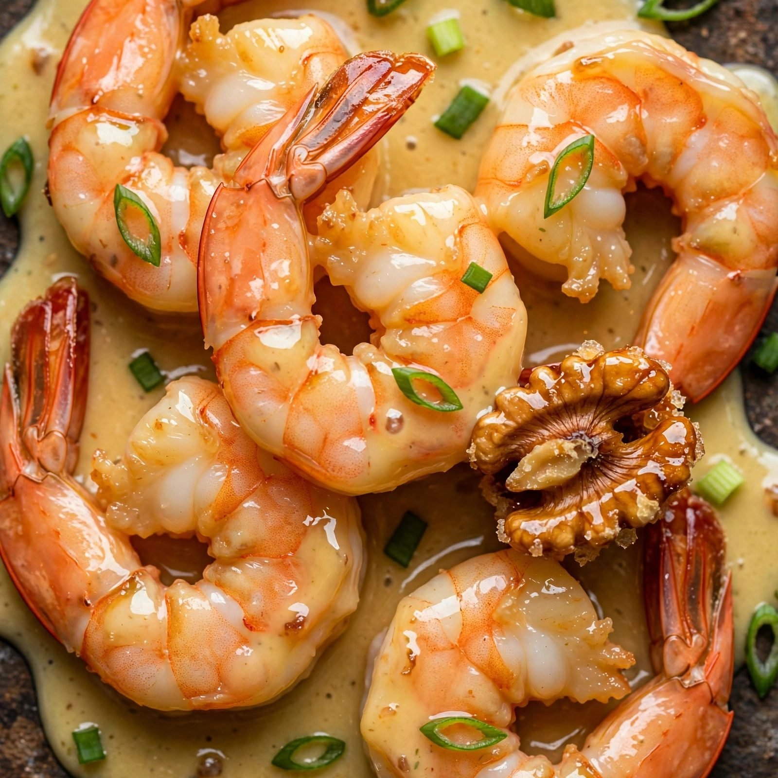 Close-up of creamy honey walnut shrimp with candied walnuts