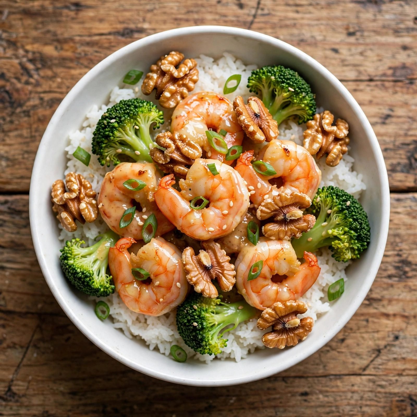 Honey walnut shrimp in creamy sauce with candied walnuts, broccoli, and rice in a white bowl