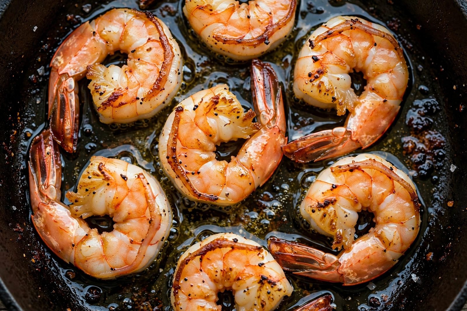 Shrimp flipped golden on both sides in the skillet
