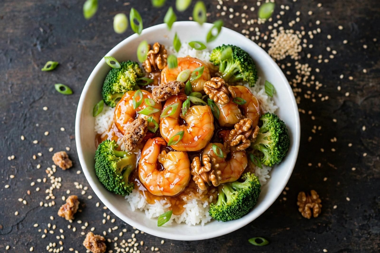 Candied walnuts and sliced green onions garnishing the honey walnut shrimp