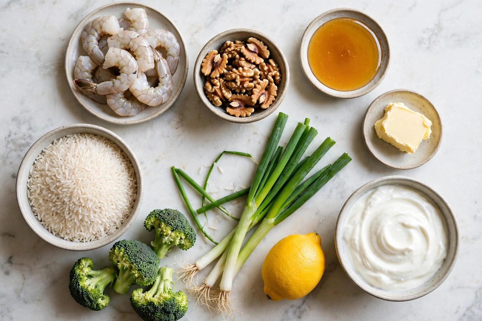 Ingredients for honey walnut shrimp arranged on a kitchen counter: shrimp, walnuts, honey, Greek yogurt, broccoli, rice
