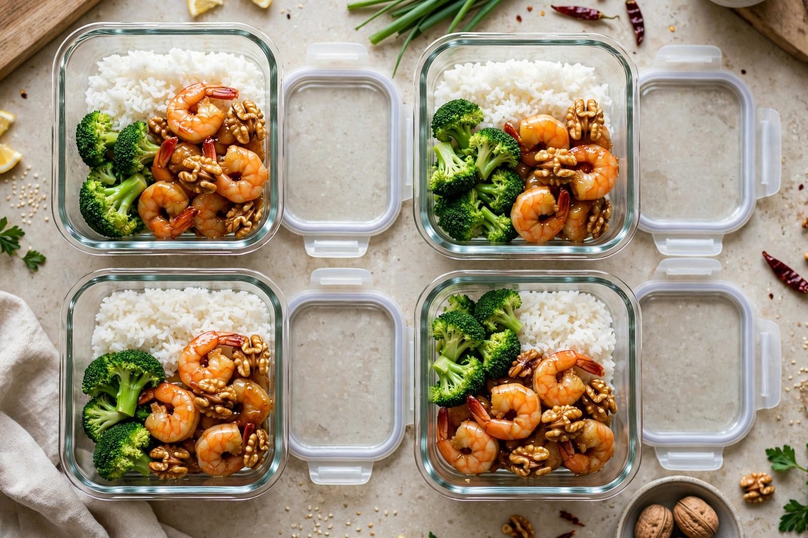 Meal-prep containers with honey walnut shrimp, rice, and broccoli