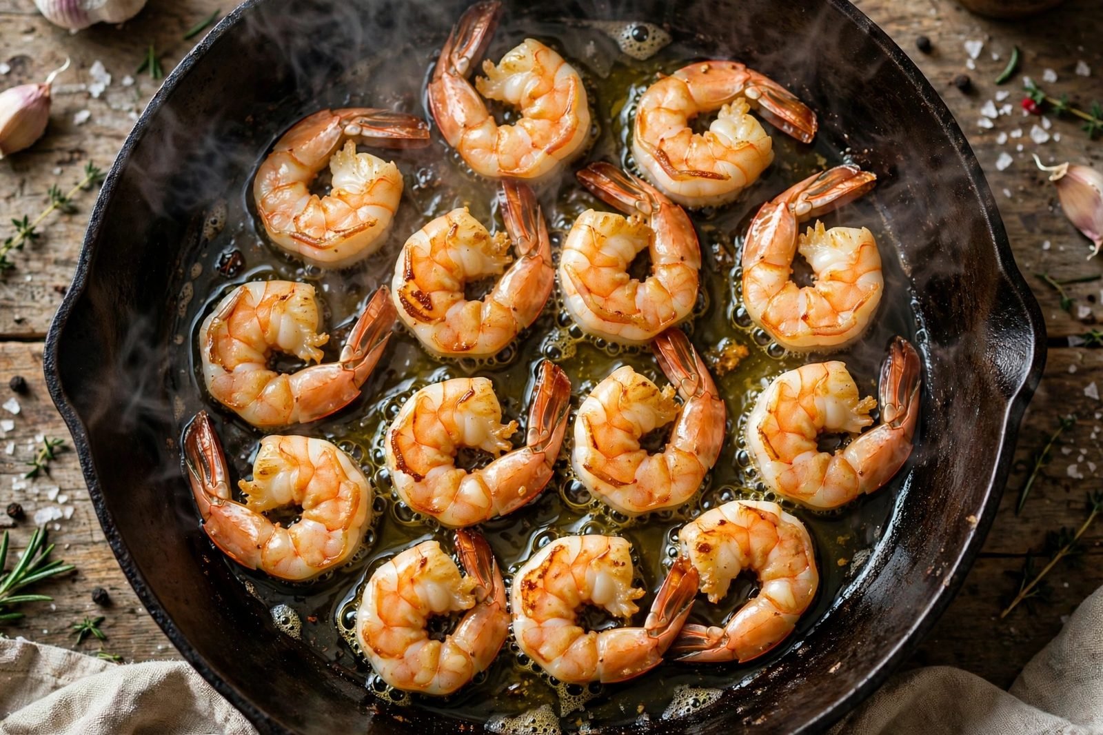 Shrimp searing in a single layer in a hot skillet
