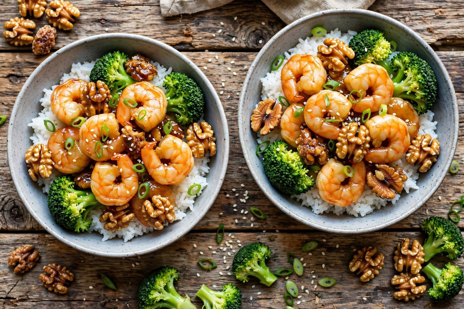 Bowls of honey walnut shrimp with rice and broccoli, topped with walnuts and green onions