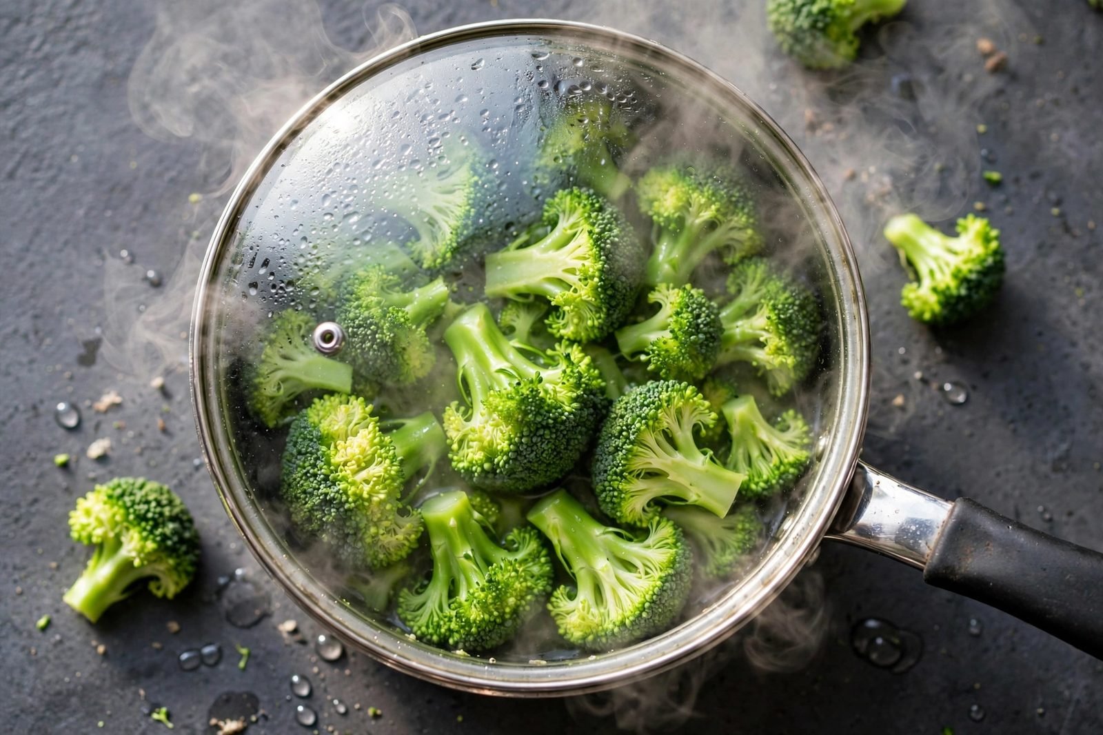 Broccoli florets steaming in a covered saucepan