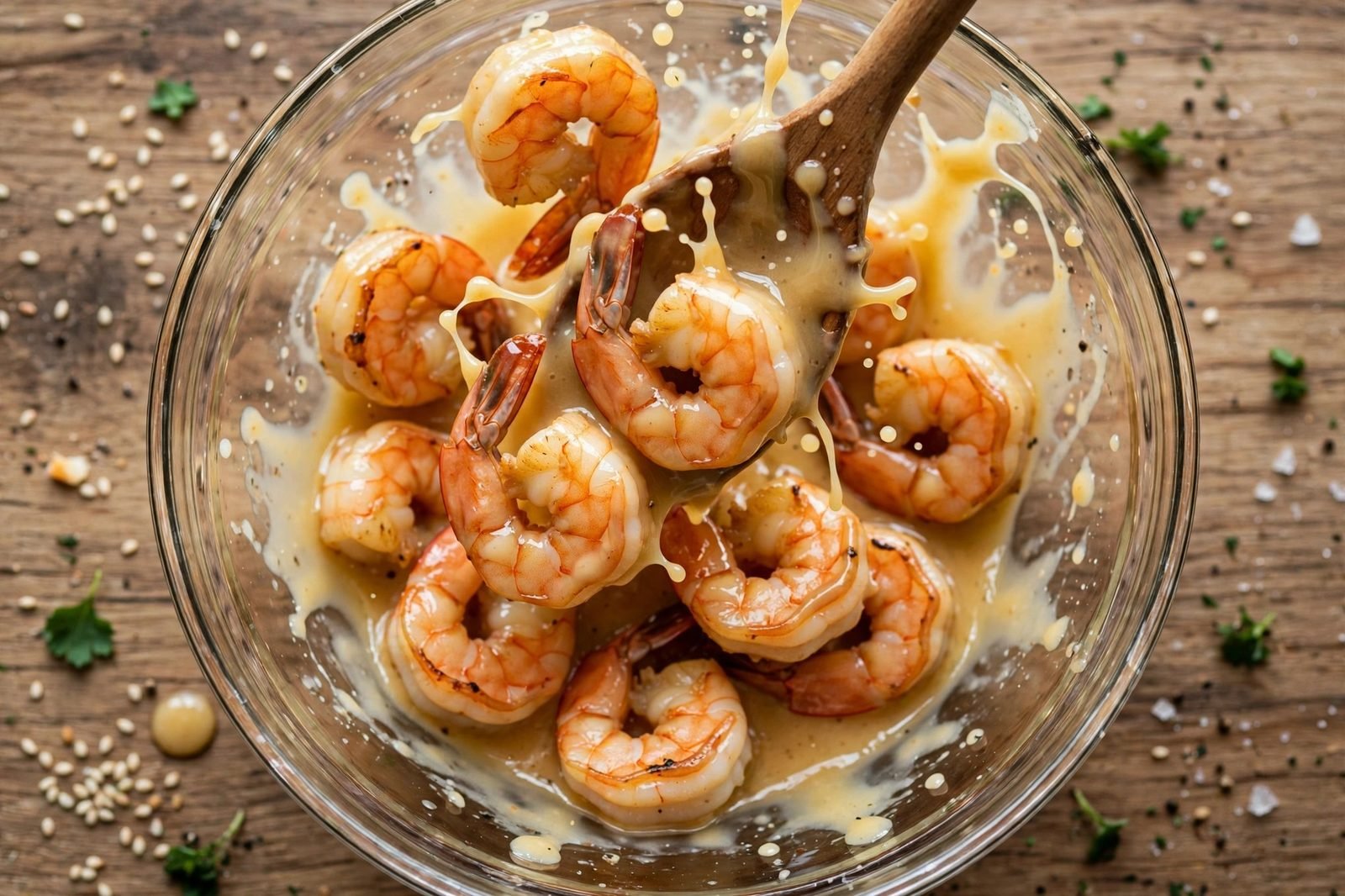 Seared shrimp being tossed in the creamy honey sauce