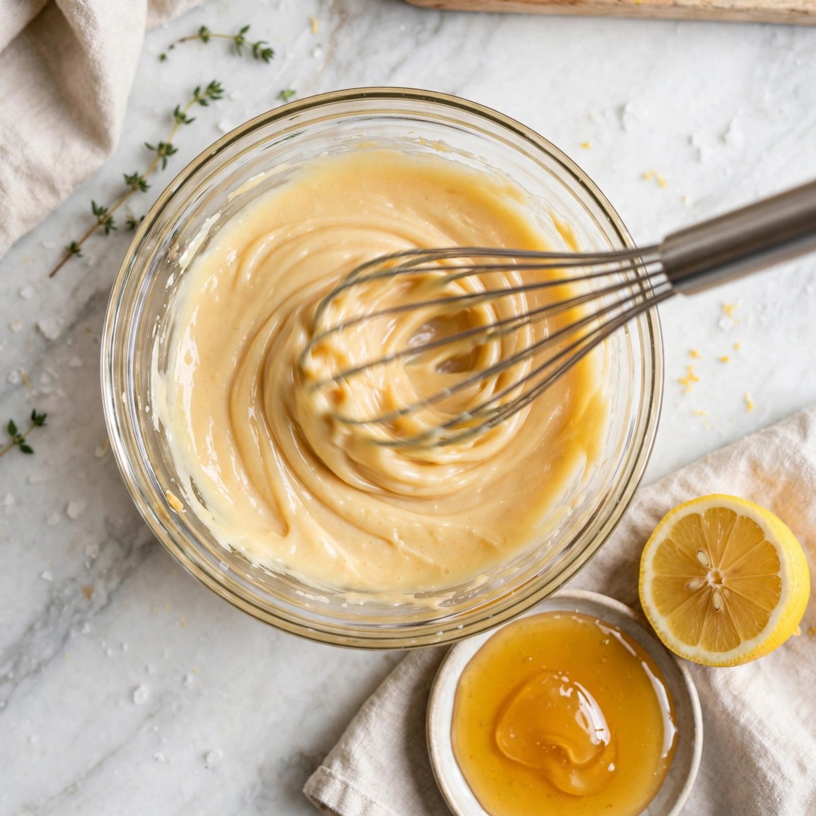 Creamy honey yogurt sauce being whisked smooth in a mixing bowl