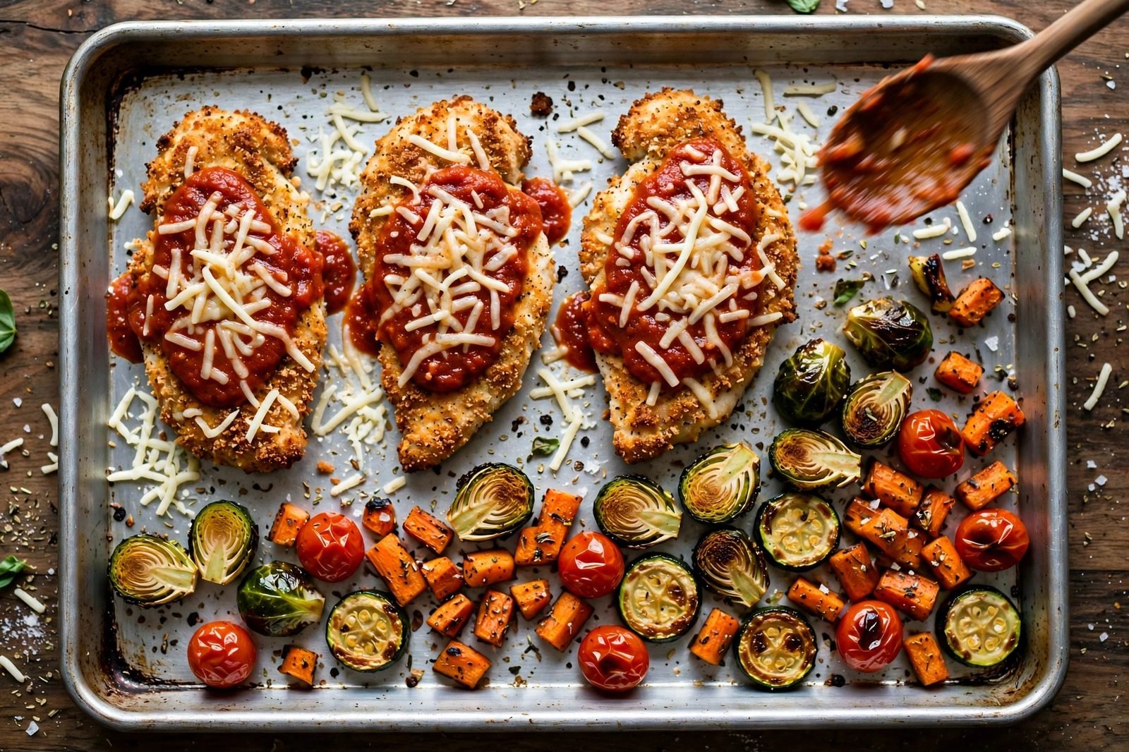 Marinara and shredded mozzarella being added to baked breaded chicken cutlets