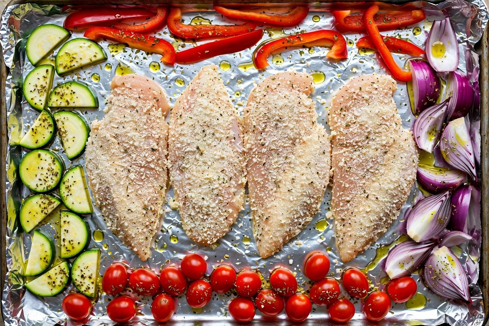 Breaded chicken cutlets and seasoned vegetables arranged on an oiled sheet pan